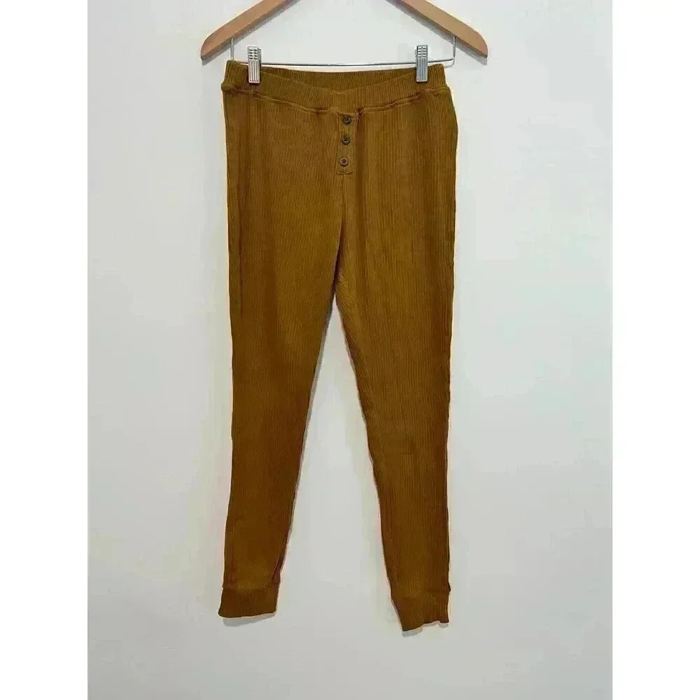 Madewell Ribbed Knit Lounge Pants Mustard Button Front Slim Jogger Pajama M NWT